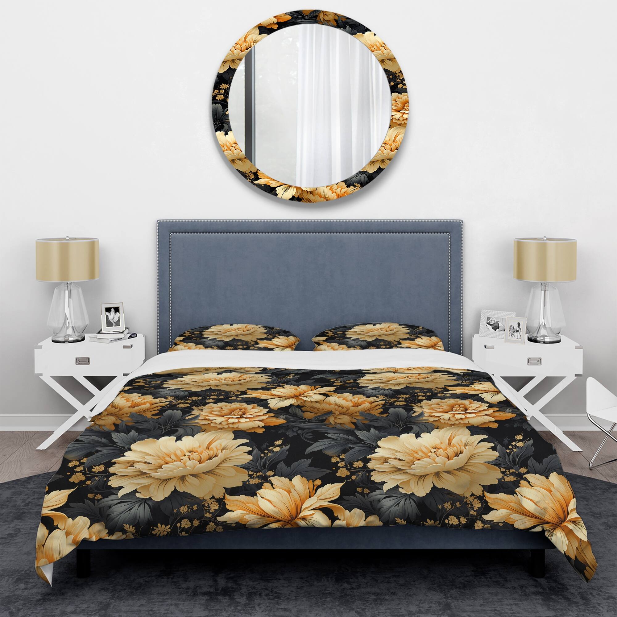 Designart "Yellow Hydrangea Flower Damask Dream" Damask bed cover set with 2 shams Bed Bath